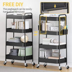 TOOLF 4 Tier Rolling Cart, Metal Utility Storage Cart with Pegboard, Black | 2 Bins & 4 Hooks, Screwless Assembly, Lockable Wheels, Trolley Organizer for Bathroom, Kitchen, Office, Dorm, Craft Room - Image 6