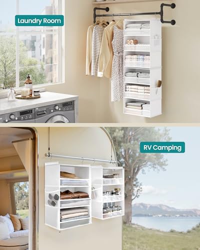 SONGMICS Widended Hanging Closet Organizer and Storage, 6-Tier, Separable | Foldable,Fabric Storage Shelf with 4 Side Pockets, Metal Hooks and Bamboo Inserts, Cloud White, TINA Collection URCH007W01 - Image 6