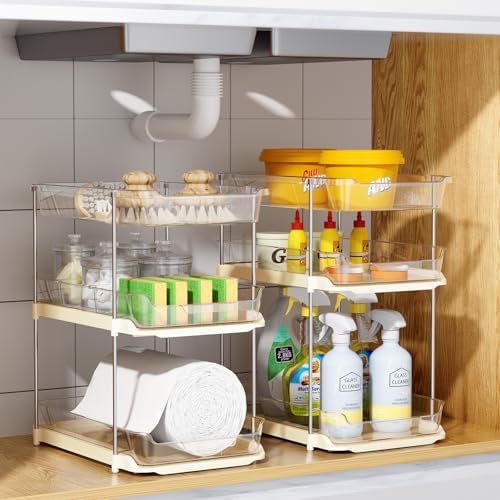 Delamu 2 Pack 3-Tier Bathroom Under Sink Organizers and Storage, Multi-Purpose Stackable Pantry Organization and Storage, Pull Out Clear Kitchen Bathroom Cabinet Organizer with Movable Dividers, Beige - Image 7