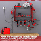 YYR Power Tool Organizer Wall Mount with Charging Station, Cordless Tools Hanger and Battery Storage Rack for Garage Organization, Heavy Duty Drill Holder Shelf Build in Metal Power Strip - Red - Image 3