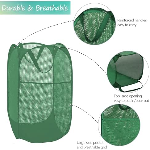 BATTOO Deluxe Strong Mesh Pop up Laundry Hamper Basket with Side Pocket for Laundry Room, Bathroom, Kids Room, College Dorm or Travel Green - Image 5