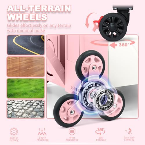 76L Folding Utility Cart Portable Rolling Crate Handcart Shopping Collapsible Tool Box with Stair Climbing Wheels,Hidden Lid,2 Rotate Wheels,for Grocery,Shopping,Office,Storage(Pink-White) - Image 5