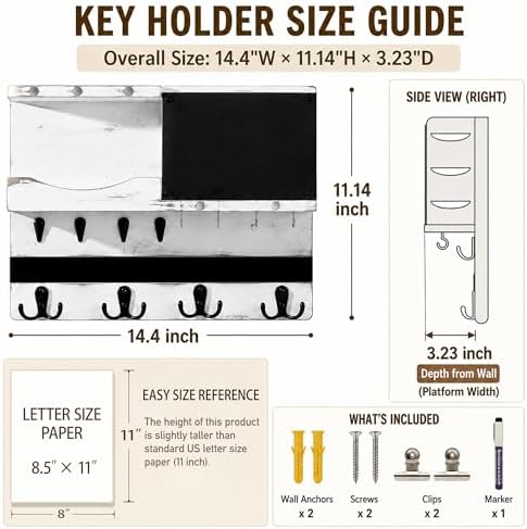 Key Holder Wall Mount with Shelf, Key Hooks for Wall, White Washed - Image 2