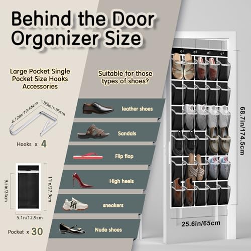 Kotkn Over the Door Shoe Organizer with 30 Breathable Mesh Pockets - Large Capacity Closet Storage for Men & Women, Hanging Shoe Rack Organizer (Solid black) - Image 3