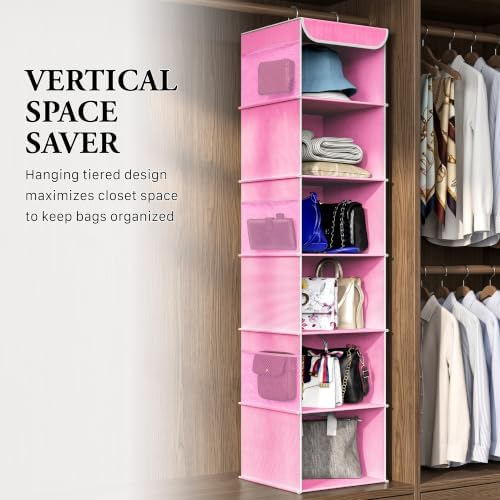 Simple Houseware 6 Shelf Hanging Closet Organizer, Pink | 360° Rotating Dual Hooks, Top Support Metal Frame, 6 Side Mesh Pockets - Image 7
