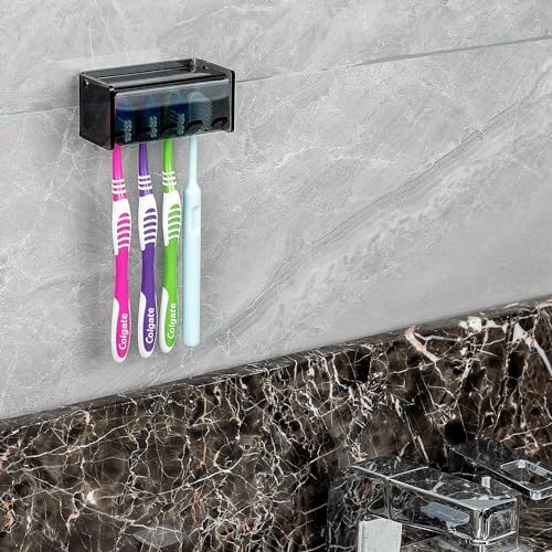 Toothbrush Holder Wall Mounted with Cover for Bathroom, 4 Slots Toothbrush Storage Organizer for Shower, Self Adhesive Toothbrush Hanger Rack for Dorm, Cabinet (Gray Clear) - Image 5