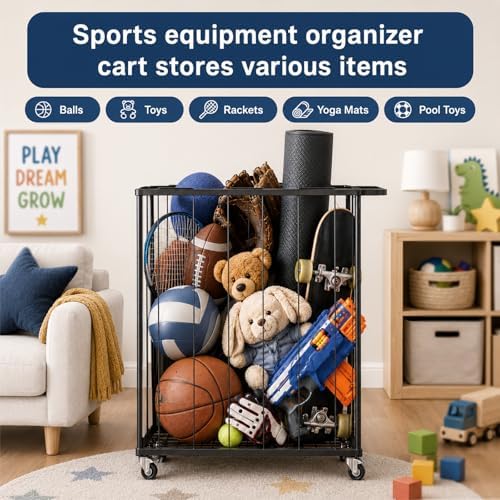 Garage Ball Storage Rack with Wheels, Metal Sports Ball Holder - Image 6