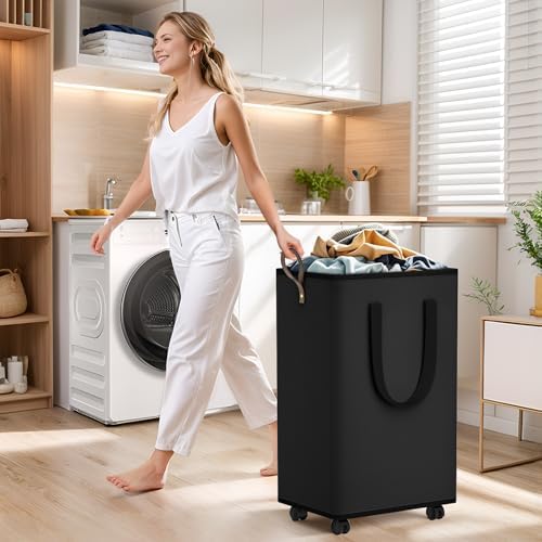 SpaceTrove Rolling Laundry Basket with Wheels, Laundry Hamper, 100L, Black - Image 6