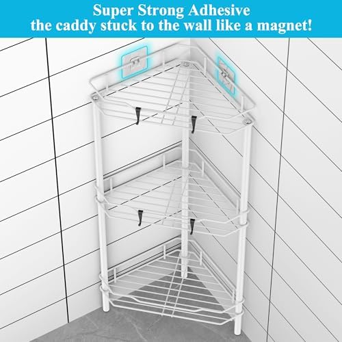 HuggieGems Metal Floor Standing Corner Shower Caddy, White, 3 Tier - Image 2