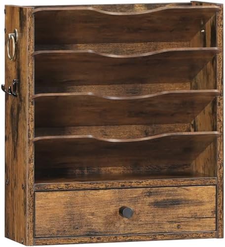 HOOBRO Wall File Organizer, Mail Organizer Wall Mounted, Wooden Literature Organizer, Construction Paper Organizer with Drawer Storage and 2 Hooks, for Office, Classroom, Home, Rustic Brown FG14WF01 by HOOBRO