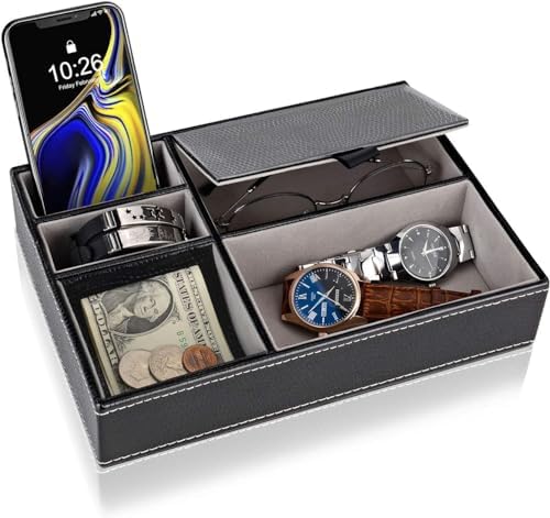 Baoyun Men's Valet Tray, Faux Leather Valet Box, EDC Catch All Tray, Dresser Top Nightstand Organizer with 5 Compartments for Smartphone, Keys, Wallet, Watch by ByforKitchenHome