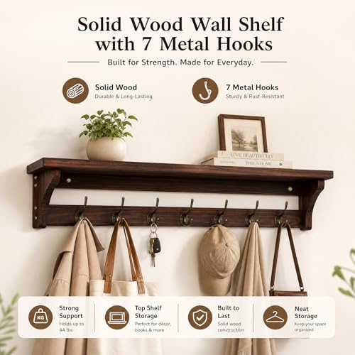 Wall Mounted Coat Rack with Shelf, Solid Wood & Bronze Metal Hooks – 31.1 Inch Entryway Organizer with 7 Hooks for Hanging Coats, Hats, Bags, Keys, Rustic Brown for Hallway，Bedroom（31.1 Inch） - Image 7