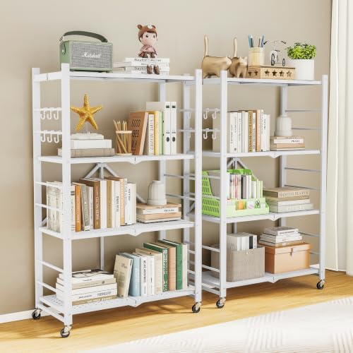 Fenbeli Foldable Shelves with Wheels - 4 Tier Folding Shelf, Collapsible No Assembly Metal Shelving Unit, Origami Storage Shelves & Rolling Storage Rack with 8 Hooks for Kitchen Pantry Garage - Image 5