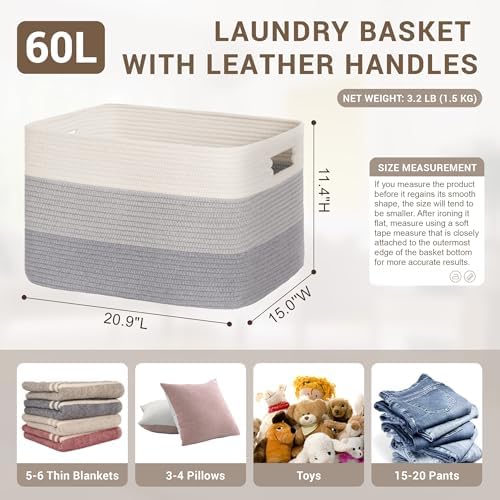 60L Woven Laundry Basket Hamper with Handles, Gradient Grey - Image 2