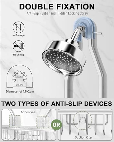 Shower Caddy Hanging - Never Rust Shower Hanging Organizer - Aluminum Over the ShowerHead Caddy with Soap Basket and 6 Hooks for Razor/Sponge (Shiny Silver) - Image 3