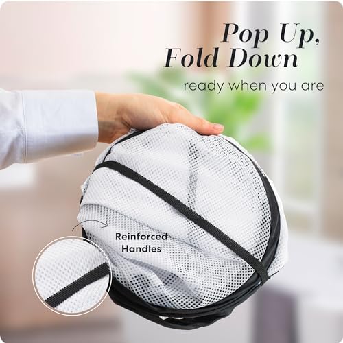 Foldable Laundry Basket - Popup and Collapsible, Durable Mesh Material, Folds for Storage, Easy Carry Handles - Great Hamper for College Dorm, Laundry Room or Travel (White-Black, 2-Compartments) - Image 3
