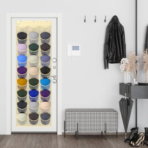 Baseball Hat Rack, 27 Pocket Over-The-Door Hat Organizer with Clear Deep Pockets to Display Baseball Caps Collection, Complete with 3 Over Door Hooks (Beige, 27 Pockets) - Image 7