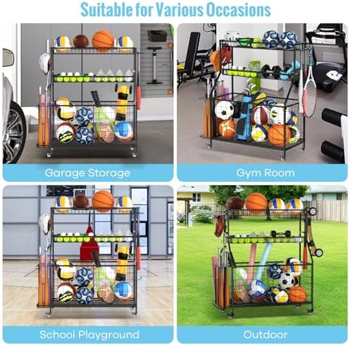 Sports Equipment Garage Organizer - Heavy Duty Garage Organization Ball Storage Rack with Basket, Hooks and Rolling Cart for Sports Gear and Toy Storage, Indoor/Outdoor Use, Black - Image 6
