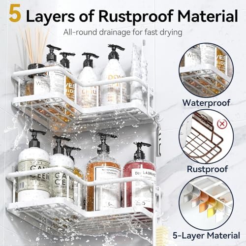 YASONIC Corner Shower Caddy Adhesive, 100% Rustproof Shower Organizer with Soap Holder, No Drill Shower Shelf for Inside Shower, Wall-Mounted Shower Storage for Homes (3 Pack, White) - Image 2