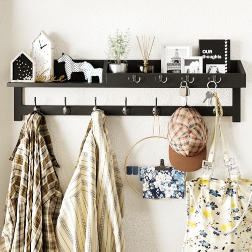 AMBIRD 35 inch Wall Hooks with Shelf, Coat Rack Wall Mount, Large Coat Hanger for Wall, Entryway Shelf with 7 Dual Coat Hooks, 4 Key Hooks and Mail Organizer, Wooden Key Holder Rack (Black) by AMBIRD