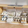 Delamu 2-Tier Multi-Purpose Bathroom Under Sink Organizers and Storage, Stackable Kitchen Pantry Organization, Pull Out Medicine Cabinet Organizer with Movable Dividers, Beige, 4 Pack by DELAMU