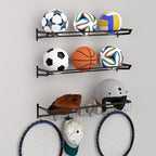 BTY Ball Holder Wall Mount Garage Sports Equipment Organizer 3 Separate Wall Ball Storage Rack with 6 Hooks for Basketball Football Soccer Volleyball by BTY