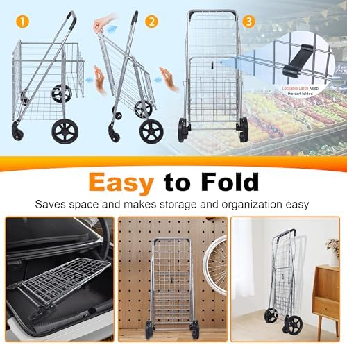 Whitmor Utility Folding Shopping Cart, 115L Heavy Duty Grocery Cart with Double Basket, 360° Swivel Wheels, Foldable Rolling Utility Trolley, 110 Lbs Capacity for Grocery, Laundry, Travel, Sliver - Image 6