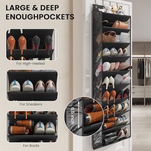 Mefirt 20-25 Pairs Over the Door Shoe Organizer, Clear Pockets Shoe Rack for Closet Door, 10-Tier Hanging Shoe Rack for Boots, Behind the Door Shoe Holder Fit All the Family's Sneakers, Heels, Black - Image 4