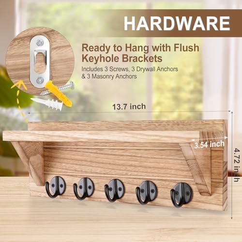 Lwenki Wall Key Holder, Rustic Shelf with Hooks Made of Paulownia Wood Holds Keys, Dog Leash, Bags and More - 13.7" W x 4.7" H x 3.5" D Decorative Key Hanger and Entryway Shelf - Image 2