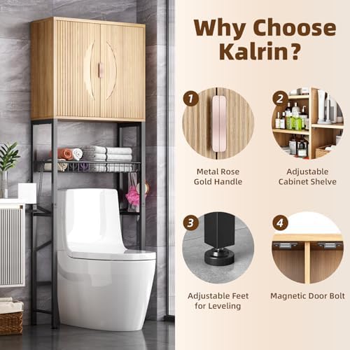 Kalrin Over The Toilet Storage Cabinet with Fluted Wave Doors and Adjustable Shelf, Wood Over Toilet Storage Rack with Drain Basket, Freestanding Bathroom Organizer for Balcony Laundry, Wood & Black - Image 4