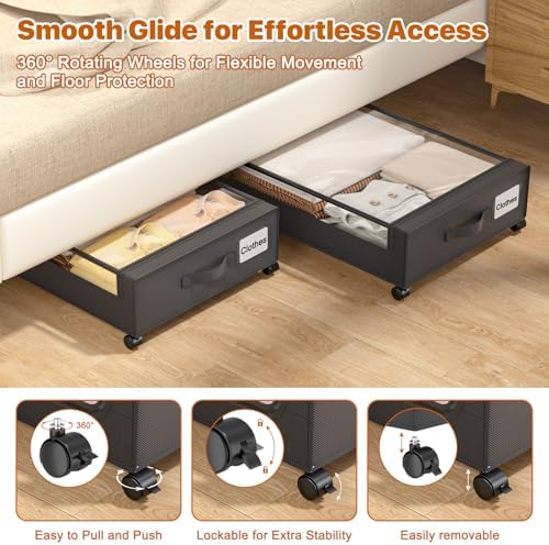 Under Bed Storage with Wheels,XXL 60L Under Bed Storage Containers with Clear Lids, Rolling Under Bed Metal Drawer for Clothes, Shoes,Toys (Black, 2 Pack) - Image 3