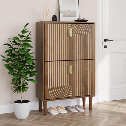 Smuxee Shoe Cabinet with 2 Flip Drawers, 23.6" Walnut Hidden Shoe Storage Cabinet with Line Groove Design, Freestanding Shoe Organizer Cabinet for Entryway, Hallway, Living Room by Smuxee