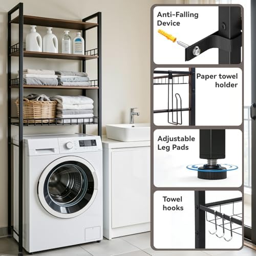 4-Tier Bathroom Organizer Shelf Over The Toilet Storage Cabinet with Feet Pad Over The Toilet Storage Rack with Adjustable Shelf and Basket Bathroom Shelves Above Toilet Bathroom Shelves - Image 4