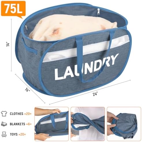 Collapsible Laundry Baskets with Lid, Foldable Clothes Hamper with Reinforced Handles, Sturdy Pop Up Hampers for Laundry, Tear Proof & Easy to Carry Laundry Hamper for Home, Dorm, Travel Blue - Image 5