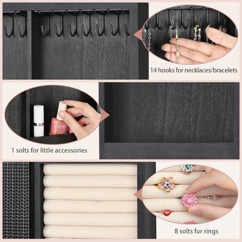 Keebofly Wall Mounted Jewelry Organizer With Rustic Wood Large Space Jewelry Cabinet, Holder, Storage Box for Necklaces, Earrings, Bracelets, Ring Holder, and Accessories Black - Image 4