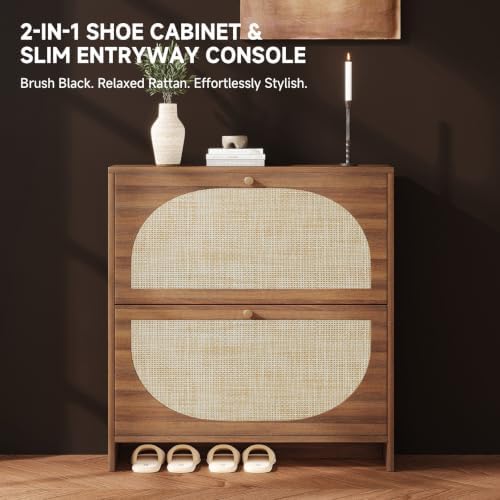 Nicetree Rattan Arched Accent Shoe Storage Cabinet - Freestanding Ultra Slim for Entryway, 2 Flip Drawers & 3-Tier Adjustable Shelves, Farmhouse Modern Rustic Shoe Rack for Hallway, Foyer, Living Room - Image 3