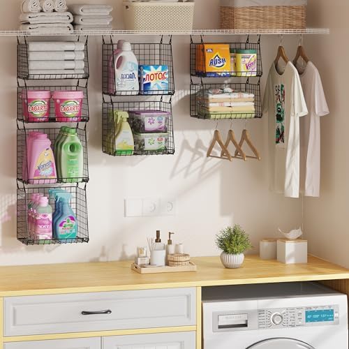 4-Pack Hanging Laundry Room Organizer：Foldable Laundry Room Organizaton Wire Basket with 360°Rotating Hooks Space Saving Over Washer and Dryer Shelves - Metal Laundry Basket Storage, Black Patent by Sonyabecca