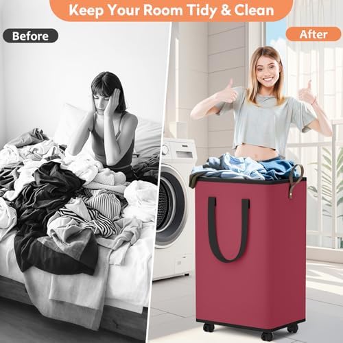 SpaceTrove Rolling Laundry Basket with Wheels, Laundry Hamper, 100L, Red - Image 5
