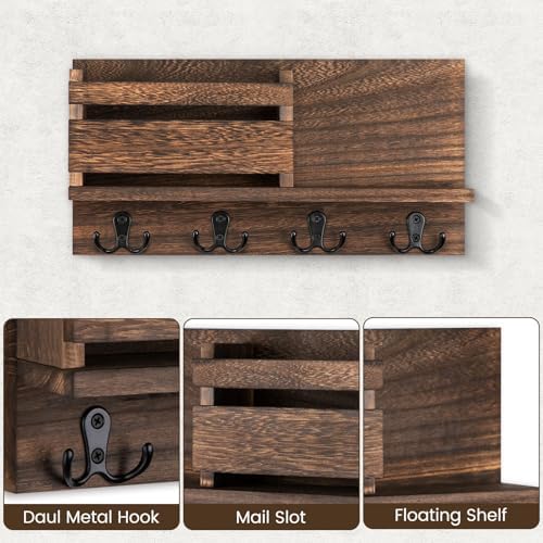 Key and Mail Holder for Wall Decorative - Rustic Mail Organizer Wall Mount, Wooden Letter Sorter Organizer with 4 Key Rack Hooks for Hallway Kitchen Farmhouse Decor (Brown) - Image 4