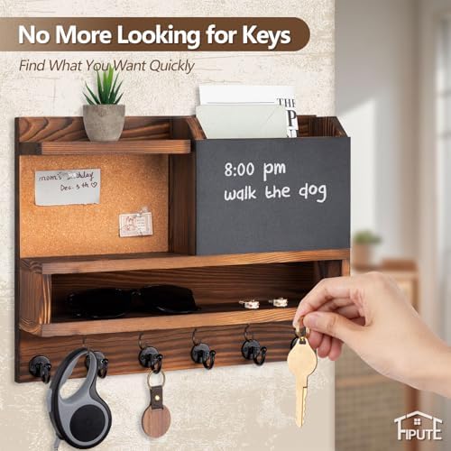 Key Holder for Wall Mount with Mail Organizer, Farmhouse Key Holder for Wall with Shelf, Chalkboard&Corkboard, Entryway Organizer 11 Metal Hooks, Decorative Natural Pine Wood, 14.6*11.1*3.3”, A-Brown - Image 3