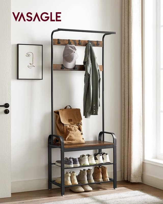 VASAGLE Coat Rack, Hall Tree with Shoe Bench, 4-in-1, 9 Removable Hooks - Image 2
