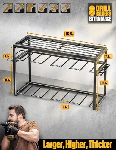 Spampur Power Tool Organizer, 8 Drill Holders Wall Mount, 3 Layer Heavy Duty Metal Storage for Garage Organization, Tools Storage with Hooks, Screwdriver Hammer Holder, Father's Day Mens Birthday Gift - Image 3