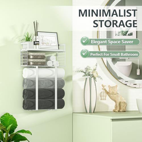 Towel Racks for Bathroom, Bathroom Shelf Over Toilet,Floating Shelves with Towel Rack Paper Holder Storage Basket,Floating Shelves for Wall Decor,White - Image 7