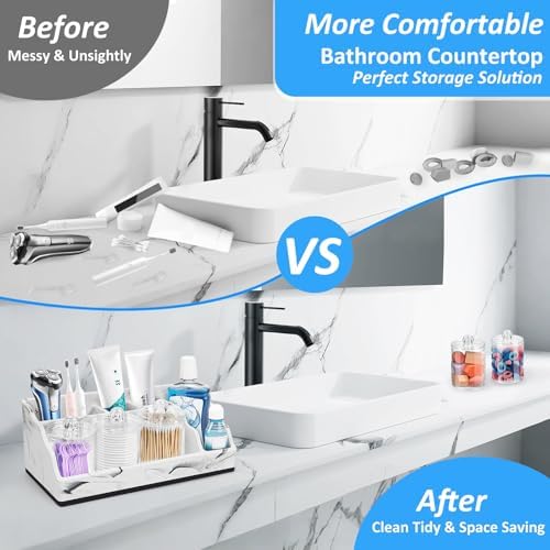 Bathroom Organizer Countertop, White Marble Toothbrush Holders for Bathrooms with 3PCS Qtip Holder Dispenser, Toothbrush and Toothpaste Holder for Bathroom Counter Organization Storage Vanity - Image 3