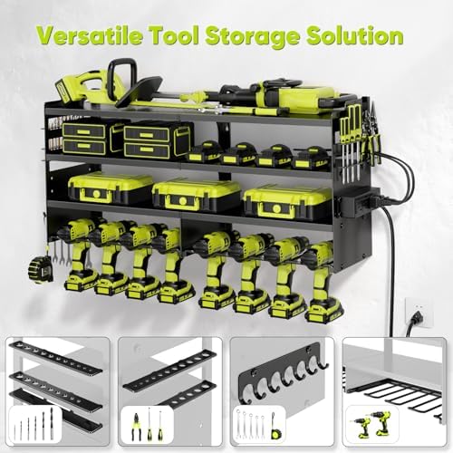 POKIPO Large Power Tool Organizer Wall Mount with Charging Station,4 Layer Heavy Duty Metal Tool Storage Rack Loads 600lbs with 8 Cordless Drill Holder,Battery Utility Rack Loads with 4 Power Strip - Image 3