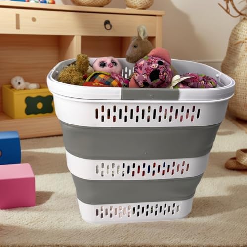 SAMMART 38L(10 Gal) Collapsible Laundry Basket - Foldable Pop-Up Storage Container/Organizer-Portable Space Saving Hamper, Measure 17.5x13.3x15.7/3.8" Expanded/Collapsed (1, White/Grey) - Image 4