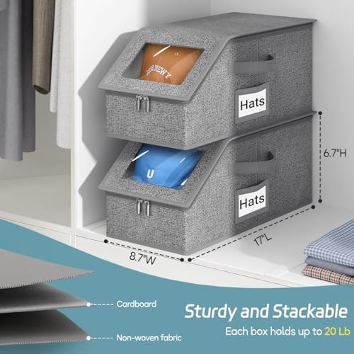 AOODA 2 PCS Stackable Hat Storage for Baseball Caps, Holds up to 24 Caps Cap Organizer for Closet, Sturdy Hat Boxes for Men with Cardboard, Slate Grey - Image 3