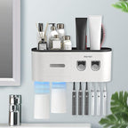 Toothbrush Holders Wall Mounted, Toothbrush Holder with Automatic Toothpaste Dispensers, 6 Brush Slots, 2 Magnetic Cups,1 Cosmetic Drawer Organizer and 1 Large Storage Tray by BHeadCat