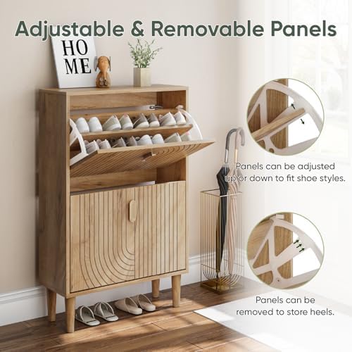 Smuxee Shoe Cabinet with 2 Flip Drawers, 23.6" Oak Hidden Shoe Storage Cabinet with Line Groove Design, Freestanding Shoe Organizer Cabinet for Entryway, Hallway, Living Room - Image 5