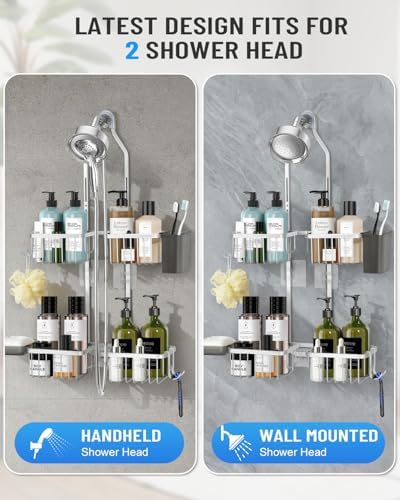 Adjustable Shower Caddy Hanging for Handheld Showerheads - Never Rust Shower Hanging Organizer, Upgraded Bathroom Shower Rack with Soap Basket, Hooks and Toothbrush Holder (Silver) - Image 3